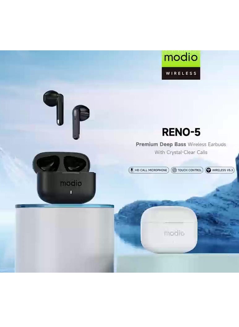 modio Modio RENO-5 Wireless Bluetooth Earbuds – Touch Control, Long Battery Life, and Clear Sound, White  - Image 1