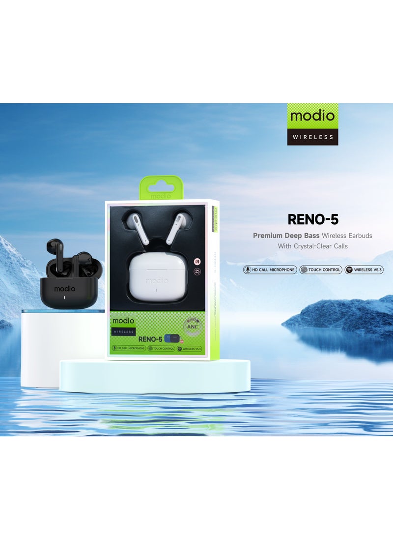 modio Modio RENO-5 Wireless Bluetooth Earbuds – Touch Control, Long Battery Life, and Clear Sound, White  - Image 2