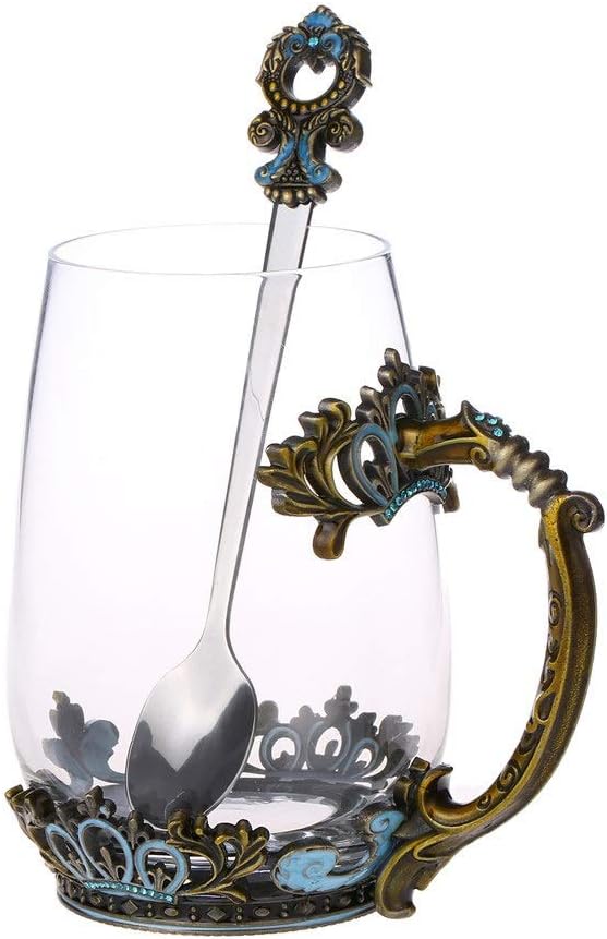 Mooduuty Glass Tea Mug Mothers Day Gifts Glass Tea Cup with Handle Unique Crown Enamel Design for Christmas Wedding Birthday Gift Present IdeaClassical Green125Oz - Image 1
