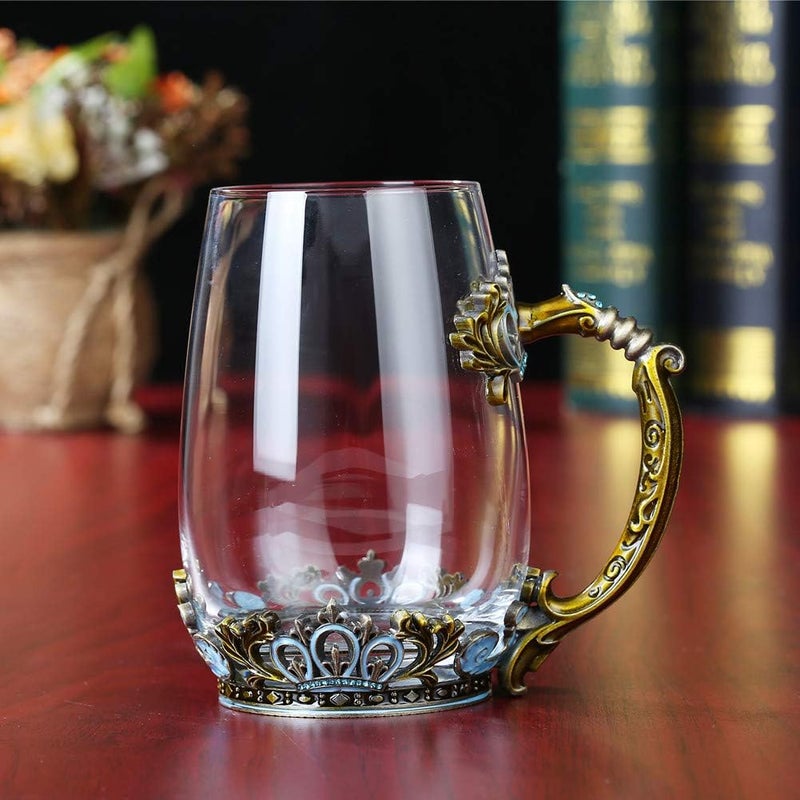 Mooduuty Glass Tea Mug Mothers Day Gifts Glass Tea Cup with Handle Unique Crown Enamel Design for Christmas Wedding Birthday Gift Present IdeaClassical Green125Oz - Image 3
