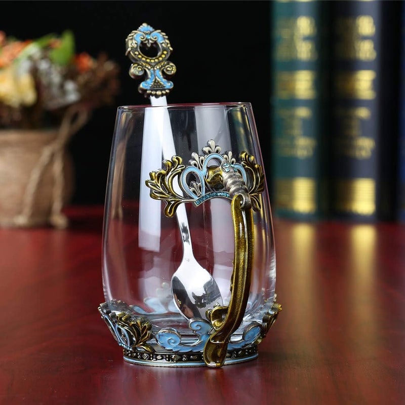 Mooduuty Glass Tea Mug Mothers Day Gifts Glass Tea Cup with Handle Unique Crown Enamel Design for Christmas Wedding Birthday Gift Present IdeaClassical Green125Oz - Image 2