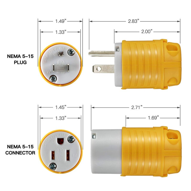Miady Extension Cord Ends Male and Female, 15 Amp 125 Volt Heavy Duty Replacement Plug u0026 Connector Set, Straight Blade Plugs Grounding Type/ETL Listed (5 Set) - Image 3