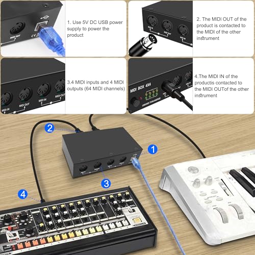 XMSJSIY USB MIDI Interface Box 4 In 4 Out 64 Channel MIDI Thru Box 4 * 4 Converter with Router Merge Splitter Thru Hub with LED Indicators for PC Mac and USB MIDI instruments - 1PCS - Image 5