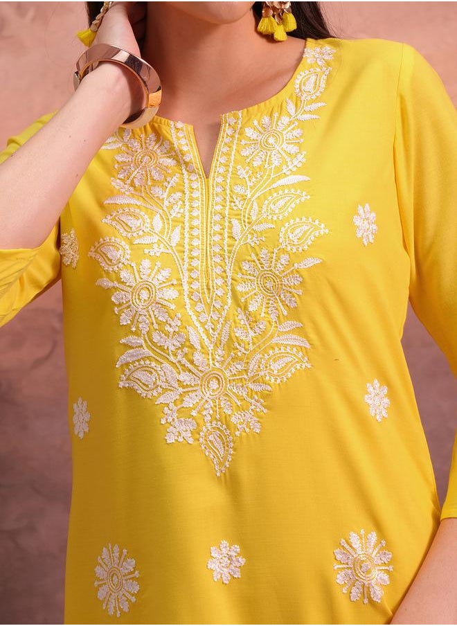 Vishudh Yellow Floral Embroidered Straight Kurta by Styli  - Image 5