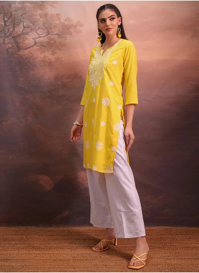 Vishudh Yellow Floral Embroidered Straight Kurta by Styli