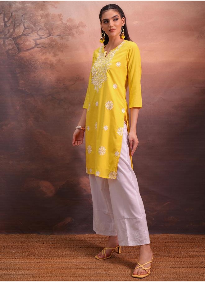 Vishudh Yellow Floral Embroidered Straight Kurta by Styli  - Image 2
