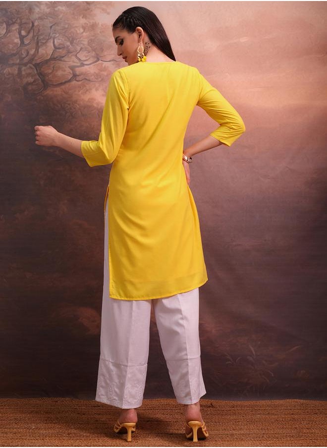 Vishudh Yellow Floral Embroidered Straight Kurta by Styli  - Image 3