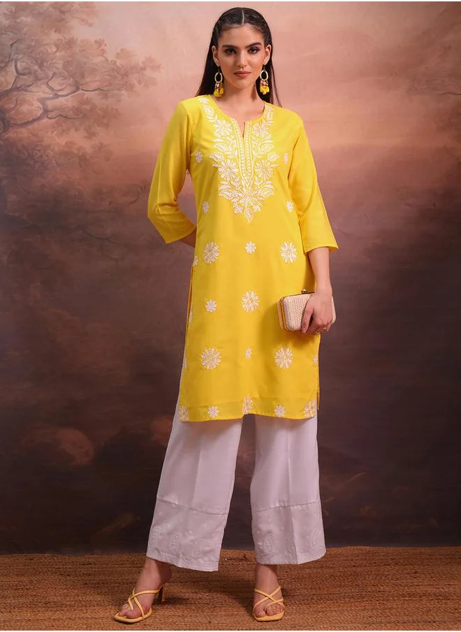 Vishudh Yellow Floral Embroidered Straight Kurta by Styli