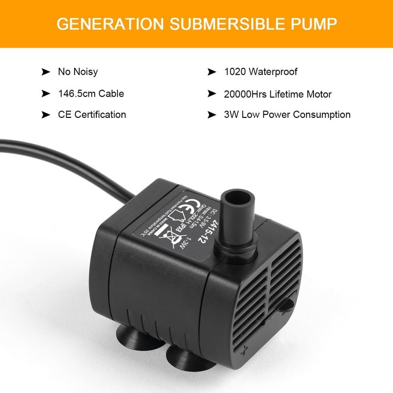 USB Mini Water Pump, 200L/H Submersible Water Pump, Adjustable Ultra Quiet Small Pet Fountain for Aquarium, Fish Tank, Cat Fountain, Water Feature Statuary and Hydroponics, DC 3.5-9V 1-3W, Black - Image 4