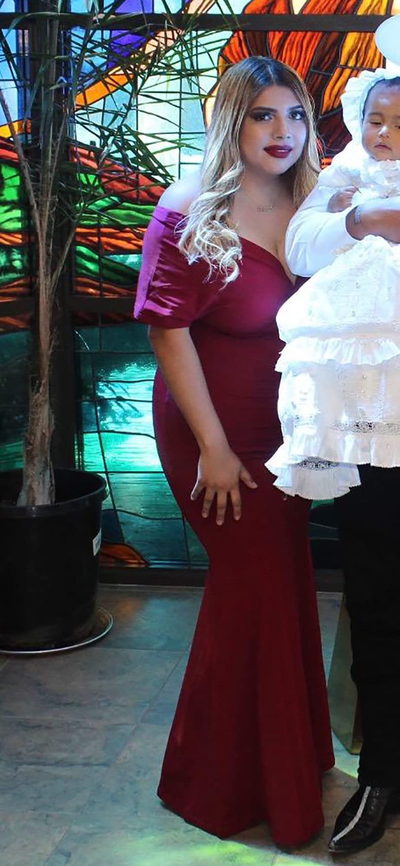 GOBLES Women Sexy V Neck Off The Shoulder Evening Gown Fishtail Maxi Dress (S, Wine red) - Image 4