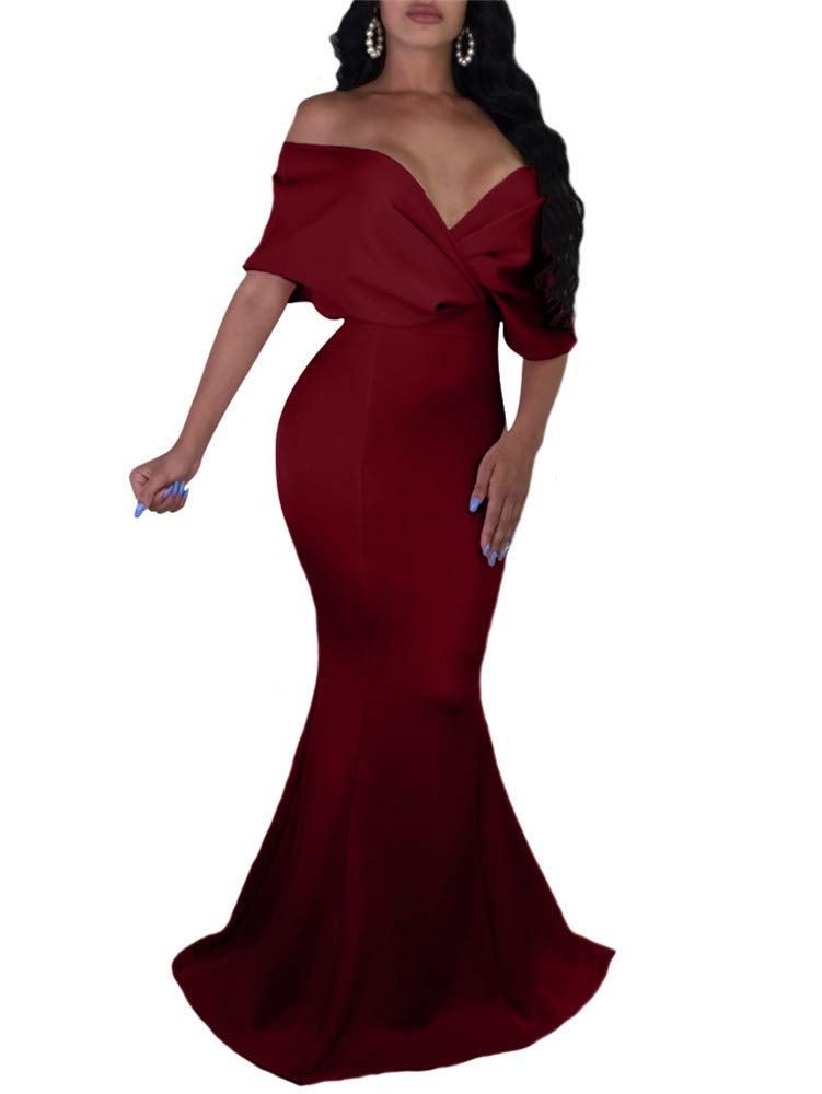 GOBLES Women Sexy V Neck Off The Shoulder Evening Gown Fishtail Maxi Dress (S, Wine red) - Image 1