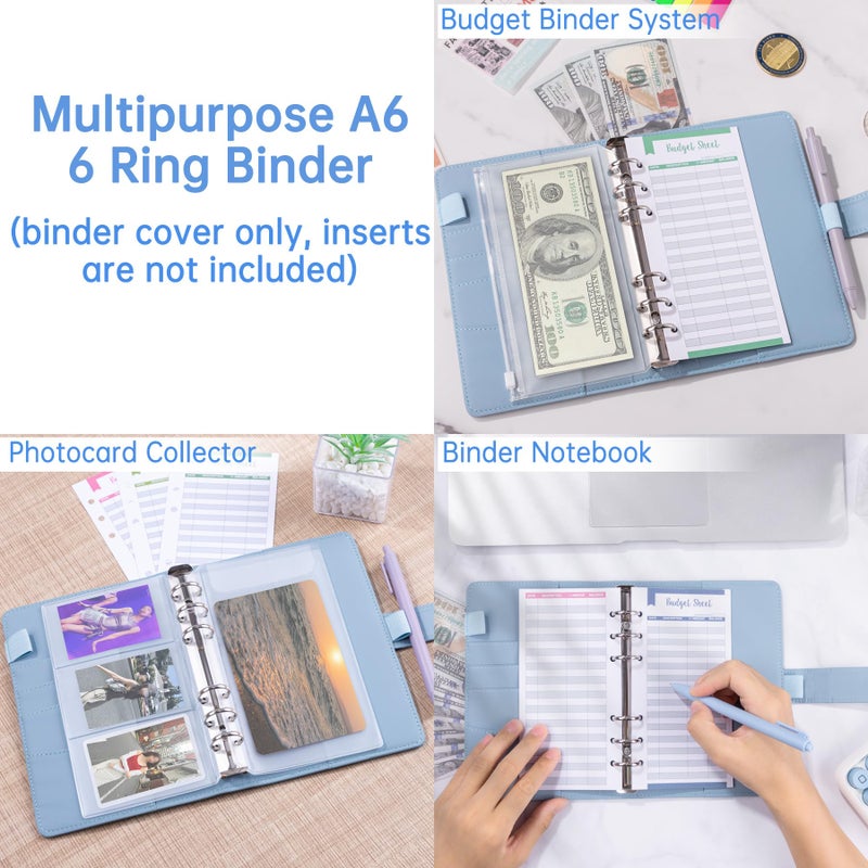 Antner A6 Notebook Binder Refillable 6 Ring Budget Binder Cover for A6 Refill Paper, PU Leather Budget Planner Organizer with Magnetic Buckle, Loose Leaf Personal Planner, Airy Blue - Image 4