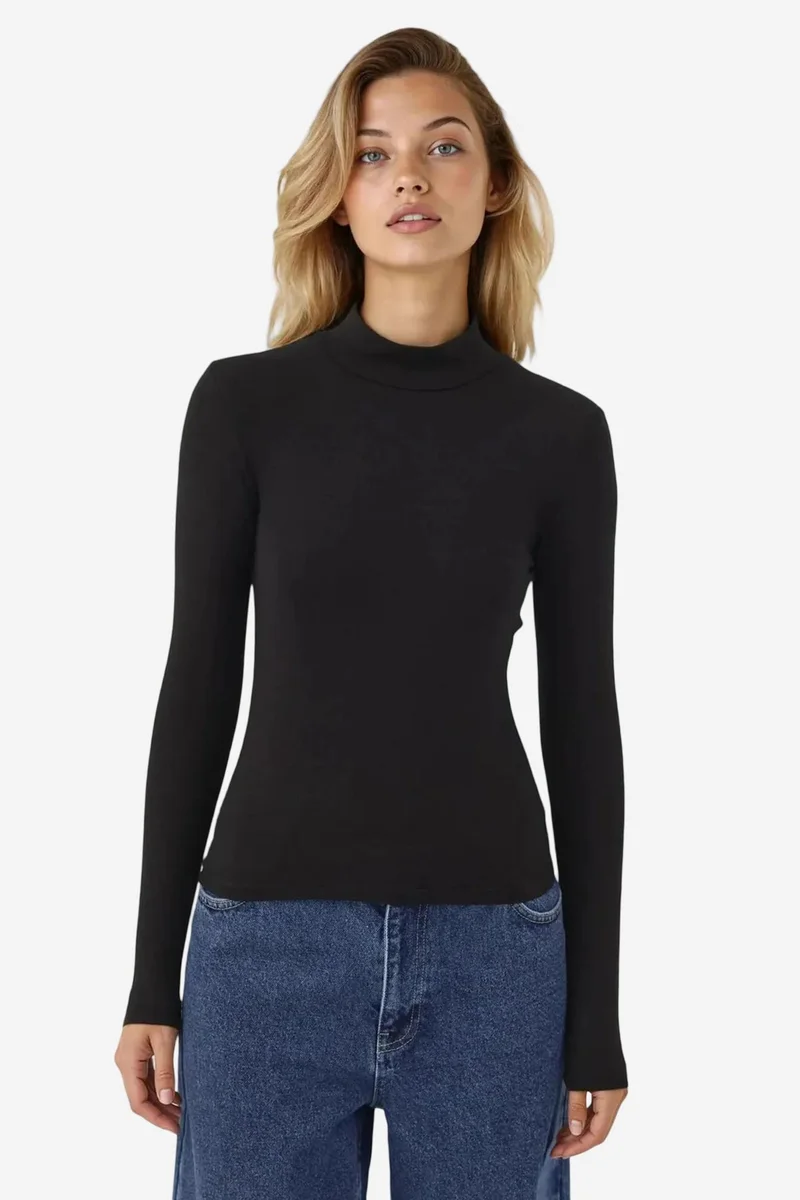 Hiccup Black Slim Fit Turtleneck Long Sleeve Top for Women | Best Price UAE
