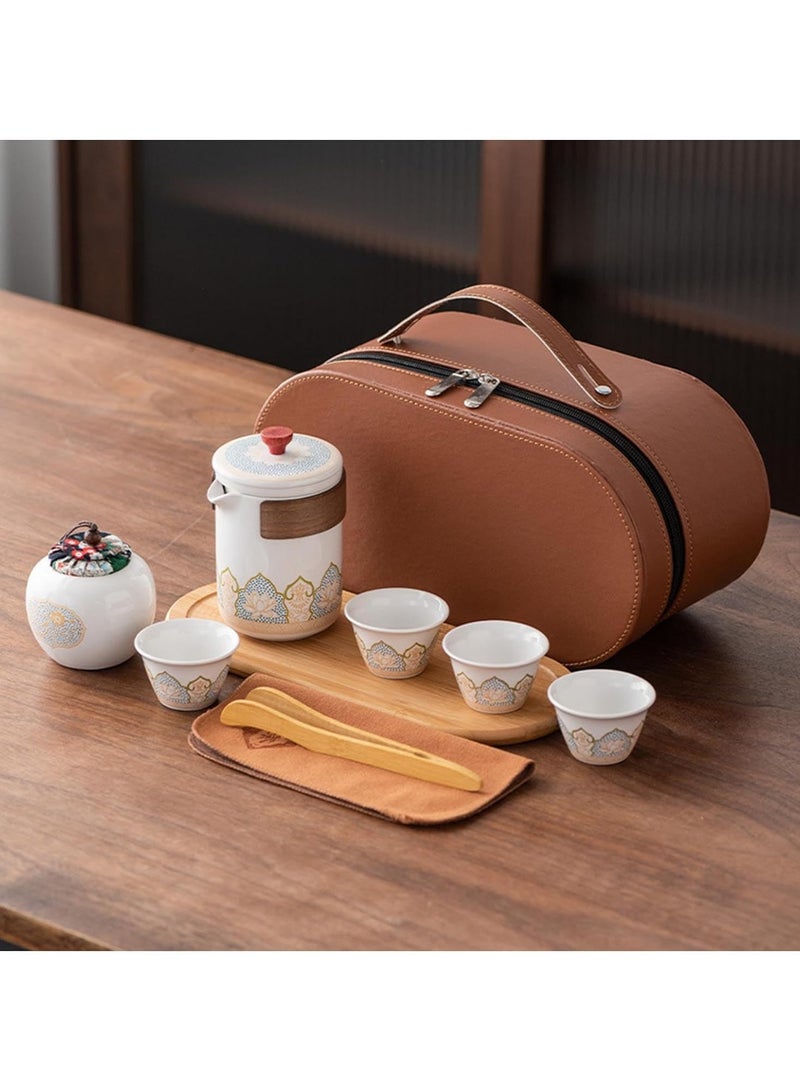 AROAQ Travel Tea Set 4 Cups 1 Pot 1 Tea Caddy Ceramic Portable Teapot and Tea Cup Set Brown Leather Travel Bag for Home Office Outdoor Camping Picnic - Image 1