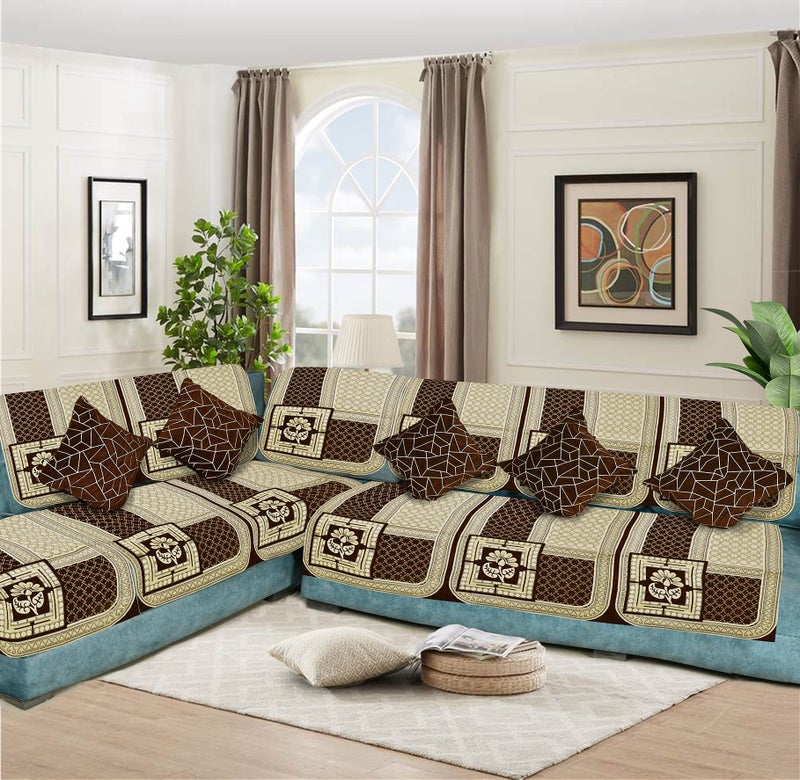 Dazzling DECOR L Shape Velvet Sofa Cover Set - Printed Sofa Back Slip Panels 3 and 2 and 1 Seater Cover for Long Sofa Couch - Premium Slip Cover Protector with Cushion, Brown_1248-02 - Image 1