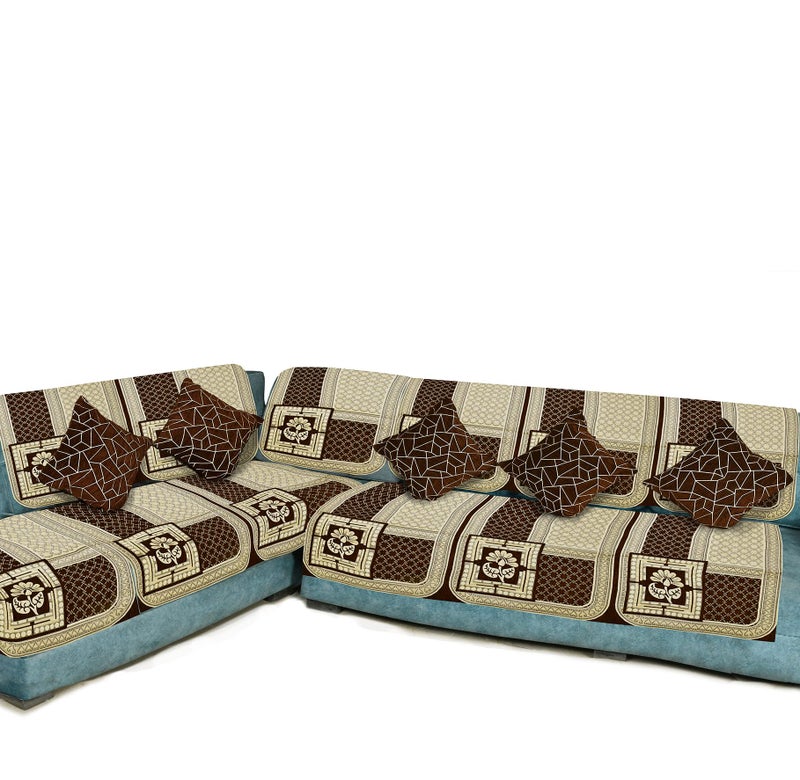Dazzling DECOR L Shape Velvet Sofa Cover Set - Printed Sofa Back Slip Panels 3 and 2 and 1 Seater Cover for Long Sofa Couch - Premium Slip Cover Protector with Cushion, Brown_1248-02 - Image 2