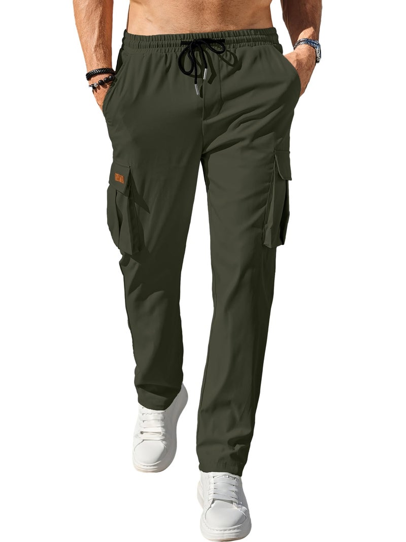 Comdecevis Men's Casual Cargo Pants Workout Joggers Stretch Sweatpants Hiking Drawstring Tactical Pants with Multi Pockets Army Green - Image 2