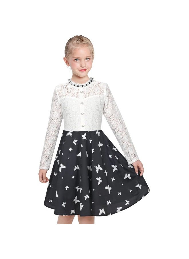 Sunny Fashion - Girls Dress Black Lace Pearl Butterfly Elegant Princess Long Sleeve Size 8 - Image 1