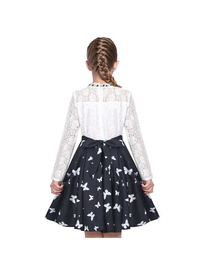 Sunny Fashion - Girls Dress Black Lace Pearl Butterfly Elegant Princess Long Sleeve Size 8 - Image 1
