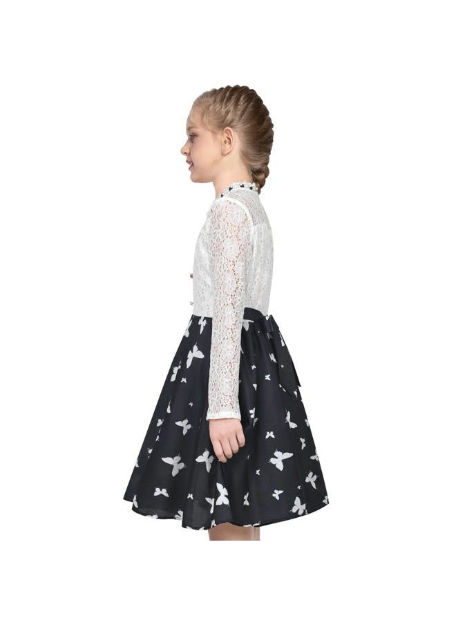 Sunny Fashion - Girls Dress Black Lace Pearl Butterfly Elegant Princess Long Sleeve Size 8 - Image 1