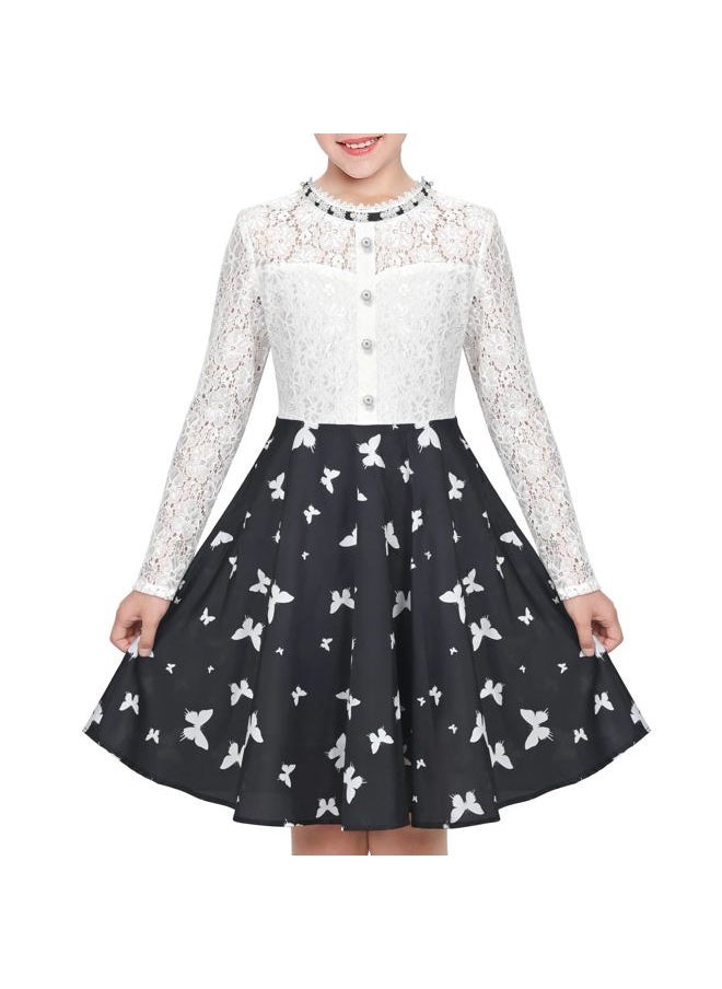 Sunny Fashion - Girls Dress Black Lace Pearl Butterfly Elegant Princess Long Sleeve Size 8 - Image 1