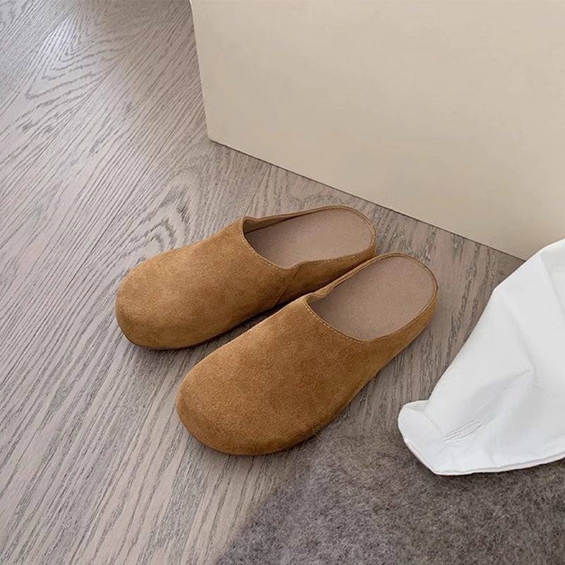 Grape Mom Autumn New Genuine Leather Row Style Soft Face Lazy One Pedal Thick Bottom Big Head Burkenese Shoes Half Slippers for Women P9758 caramel