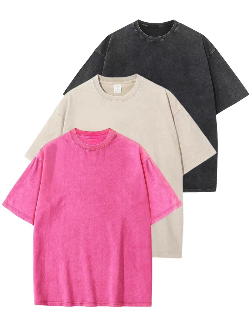 Yimoon 3 Pack Oversized Tshirts for Women Washed Vintage Baggy Boyfriend Tees Short Sleeve Unisex Cotton Tops(Blackbeigepink-XL) - Image 1
