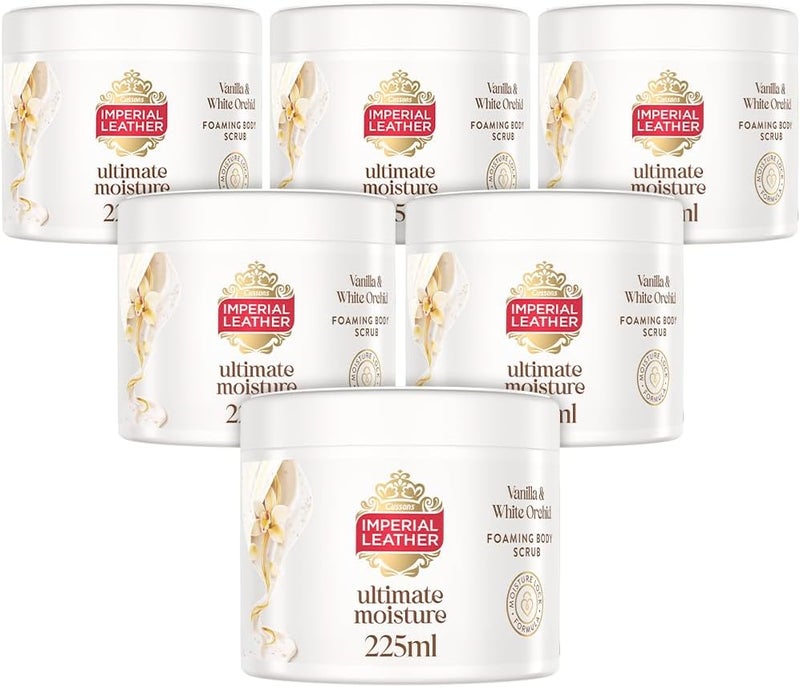 Imperial Leather Ultimate Moisture Vanilla White Orchid Foaming Exfoliating Body Scrub Ultra Rich Lather Suitable for Sensitive Skin Vegan Cruelty Free 225ml Multipack 6 x 225ml