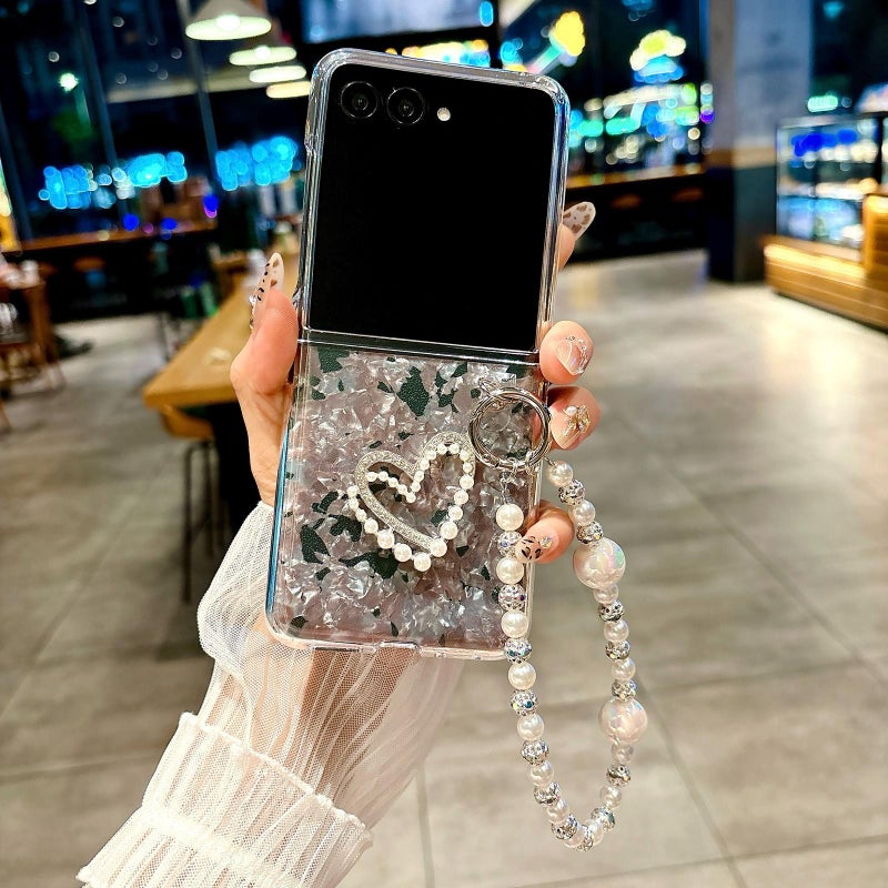 erorex For Motorola Razr 60 Ultra Pearlescent Shell Texture  Pattern Phone Case with Bracelet(Pink Green) - Image 2