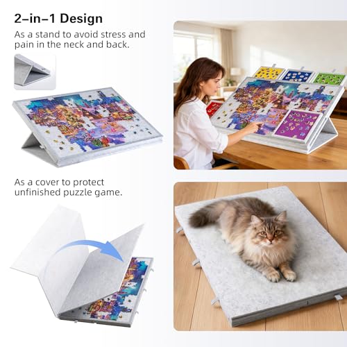Lavievert Tilting Puzzle Board with 2in1 Designed Stand Cover Super Lightweight Felt Puzzle Plateau with 5 Drawers for Adults Portable Jigsaw Puzzle Table for Up to 1000 Pieces Light Gray - Image 5