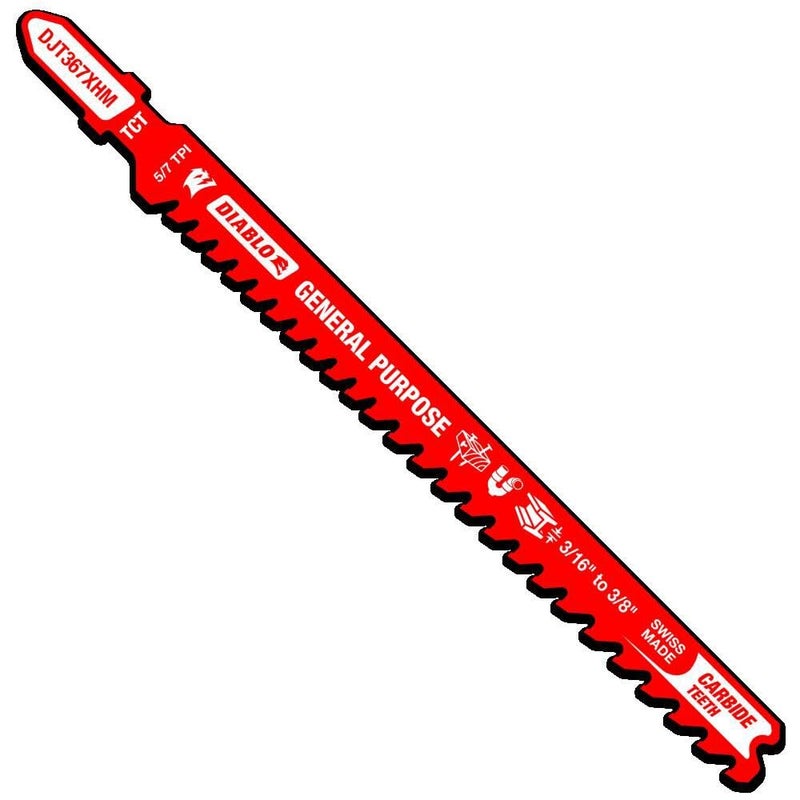 Diablo Carbide Jig Saw Blade with Perma-SHIELD Coating - Superior Cutting for Wood, Metal & Plastics - T-Shank Design, Carbide Teeth, 5-1/4" Length, 5/7 TPI - DJT367XHM