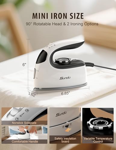 Sundu 1000W Mini Travel Steam Iron, Portable Small Iron for Quilting & Sewing, Non-Stick Soleplate, 300 Steam Holes, 90ml Tank, Safety Base & Digital Temperature Control-Black White - Image 2