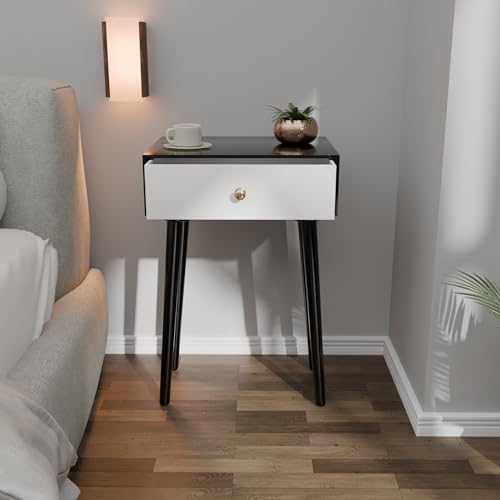 ETIQUETTE ART Modern Bedside Table with Solid Wood Legs, Minimalist and Practical End Side Table with Drawer Storage, Easy Assembly (Black & White) - Image 2