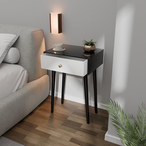 ETIQUETTE ART Modern Bedside Table with Solid Wood Legs, Minimalist and Practical End Side Table with Drawer Storage, Easy Assembly (Black & White) - Image 4