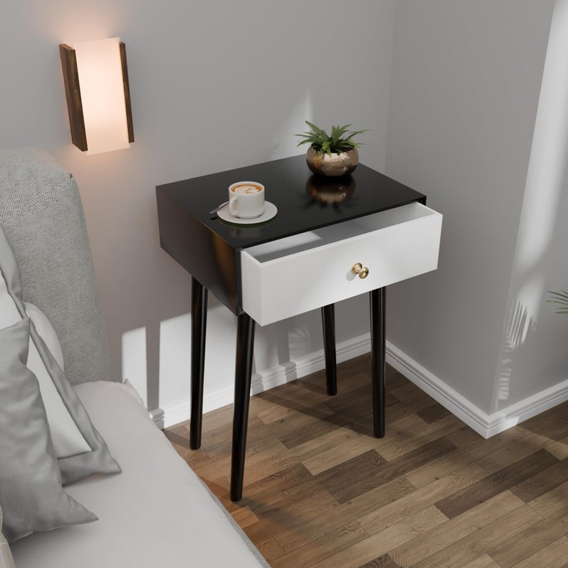 ETIQUETTE ART Modern Bedside Table with Solid Wood Legs, Minimalist and Practical End Side Table with Drawer Storage, Easy Assembly (Black & White) - Image 5