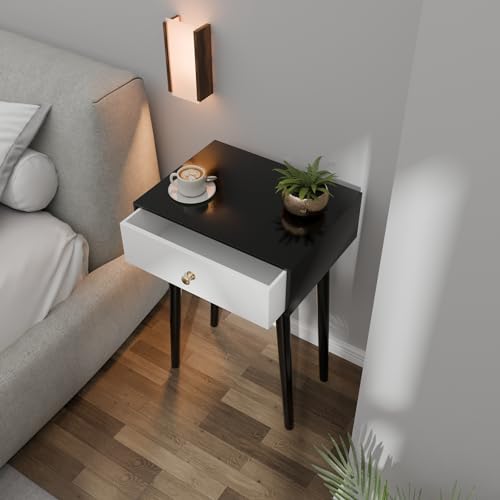 ETIQUETTE ART Modern Bedside Table with Solid Wood Legs, Minimalist and Practical End Side Table with Drawer Storage, Easy Assembly (Black & White) - Image 3