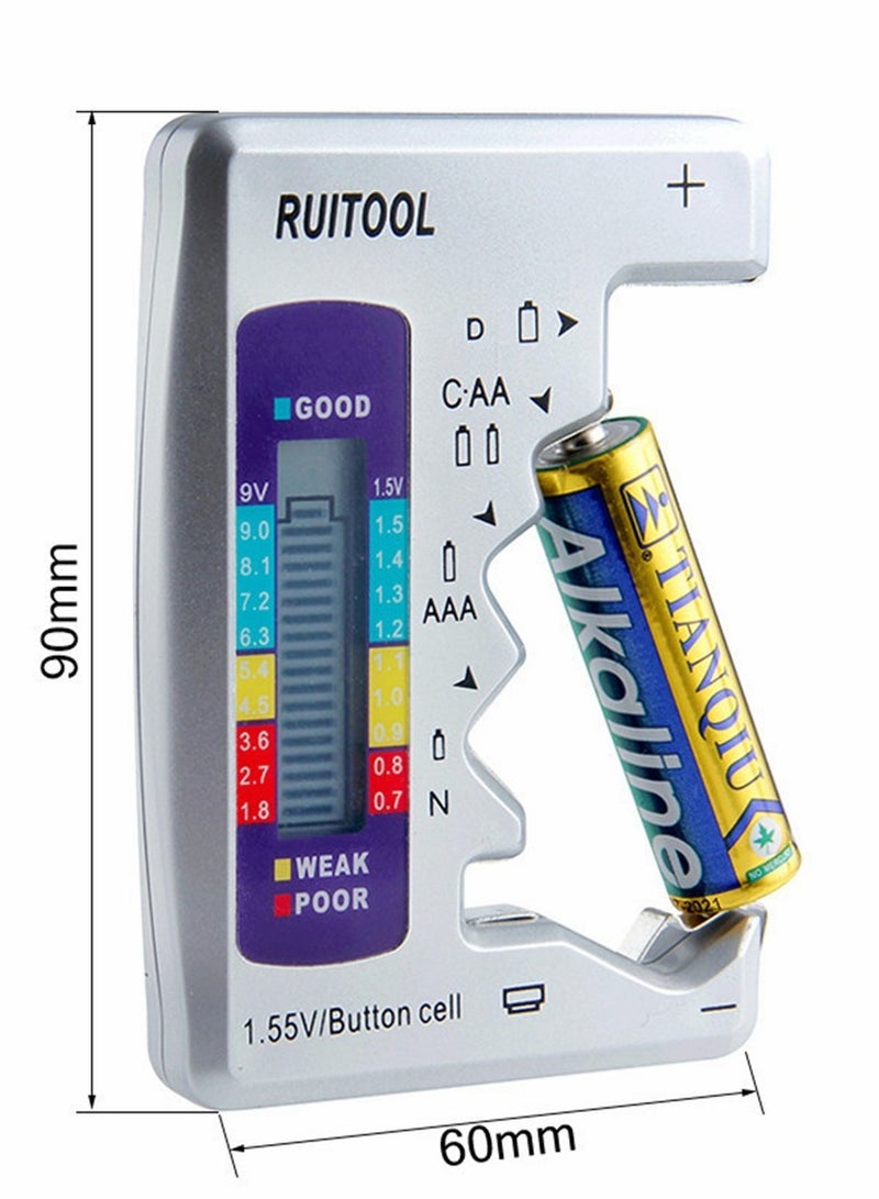 Digital Battery Tester, Universal Battery Checker C AA AAA D N 9V 1.5V ButtonCell, 3-Types Red/Yellow/Green Instructions Mini Battery Capacity Measuring Tool