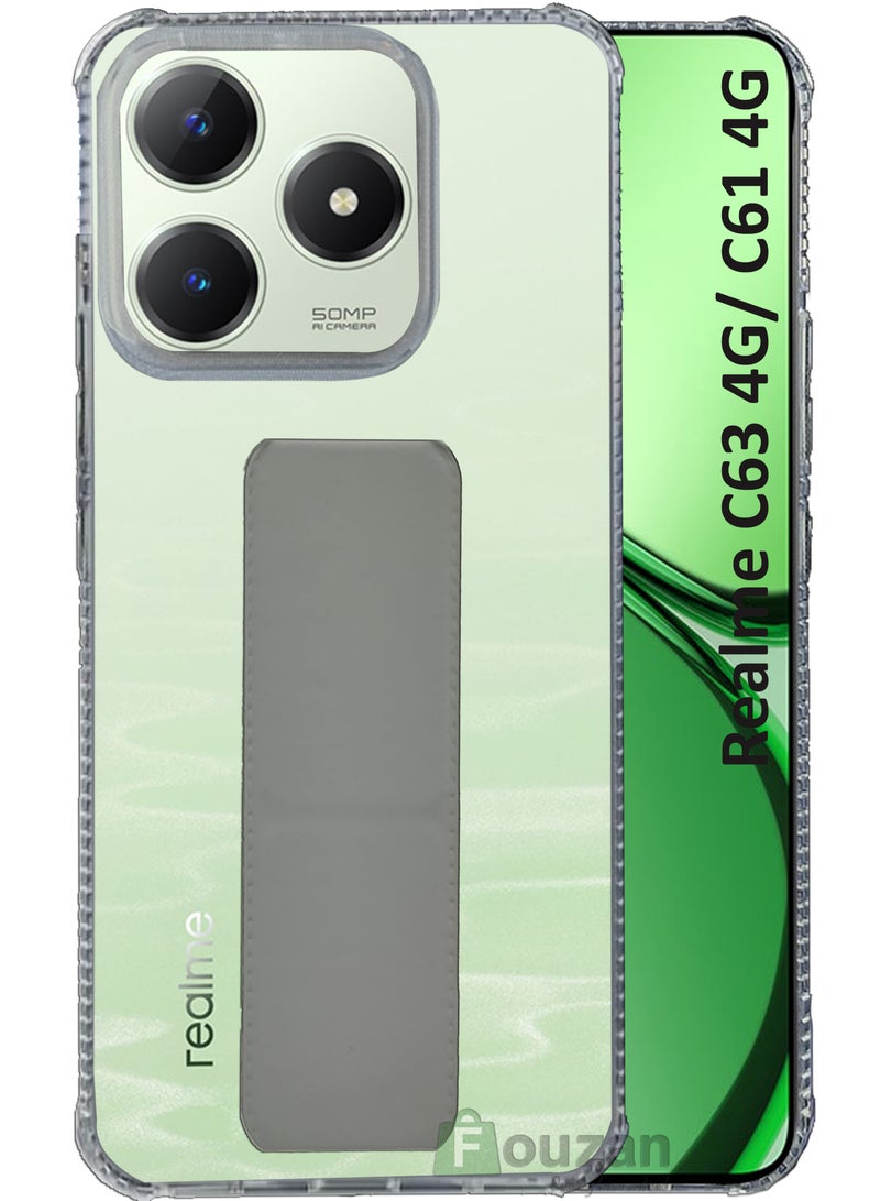 لحافظة ريلمي C63 4G / C61 4G - سيليكون شفاف مقاوم للصدمات - حافظة مغناطيسية مع حامل يد ودعامة - شفاف/رمادي - Image 1