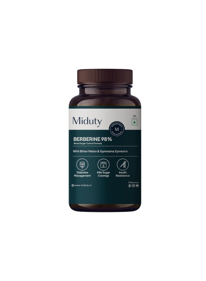 Miduty High Strength Berberine HCL 98% For Metabolism & Blood Sugar Control- Diabetic and Pre-Diabetic Care - Stop Sugar Cravings | 30 Capsule - Image 1