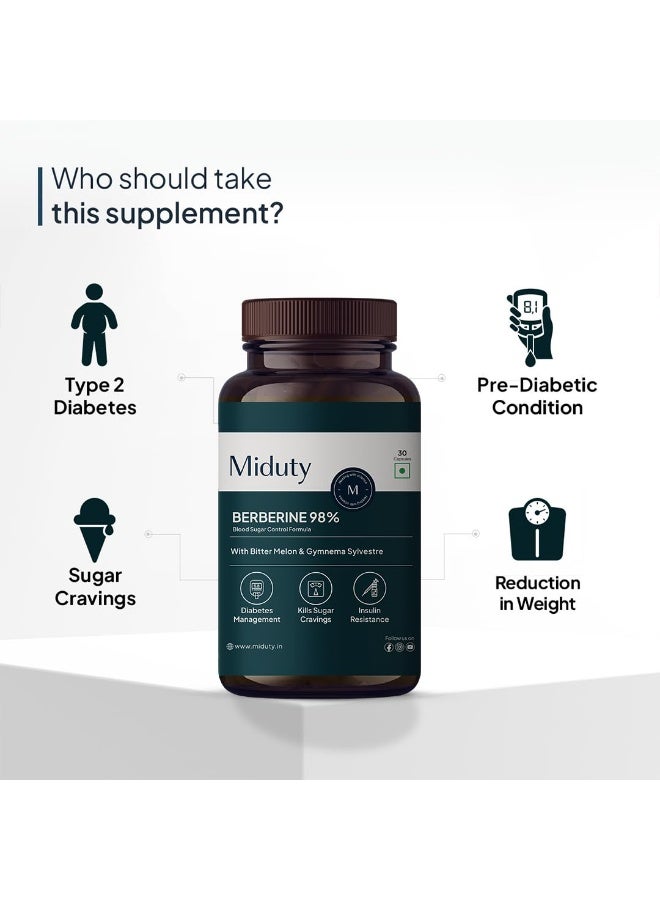Miduty High Strength Berberine HCL 98% For Metabolism & Blood Sugar Control- Diabetic and Pre-Diabetic Care - Stop Sugar Cravings | 30 Capsule - Image 4