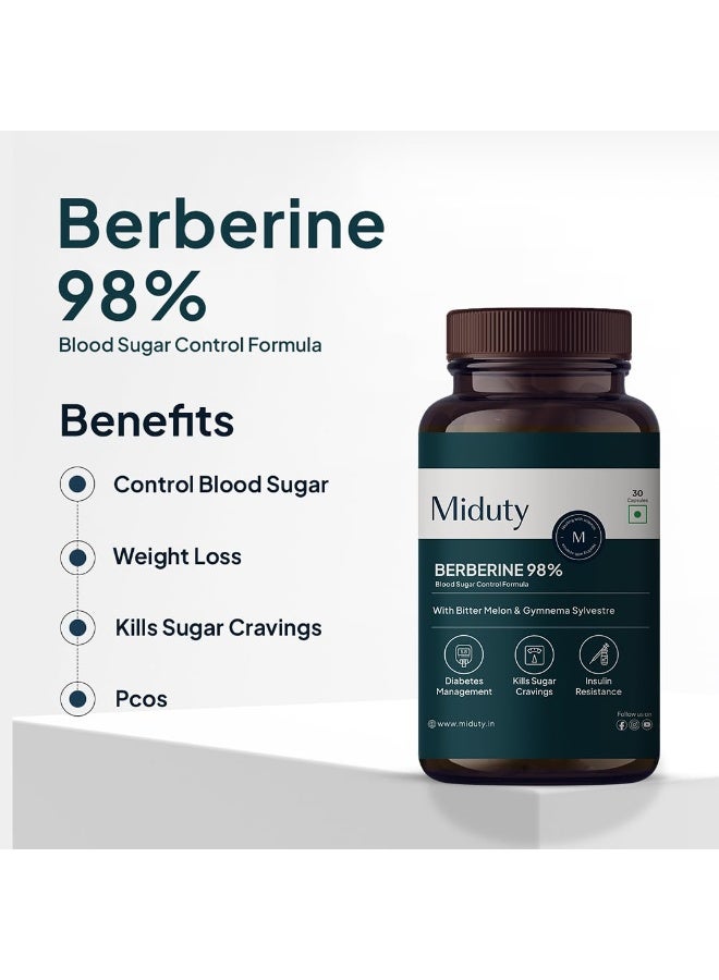 Miduty High Strength Berberine HCL 98% For Metabolism & Blood Sugar Control- Diabetic and Pre-Diabetic Care - Stop Sugar Cravings | 30 Capsule - Image 3