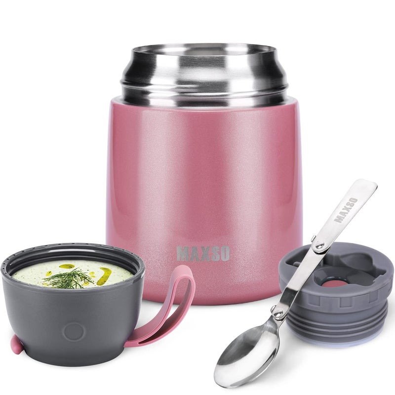 MAXSO Soup Thermo for Hot  Cold Food for Adults Kids 17 oz Vacuum Insulated Steel Lunch Container Bento Box with Spoon Leakproof Thermal Food Jar for School Office Travel  Pink