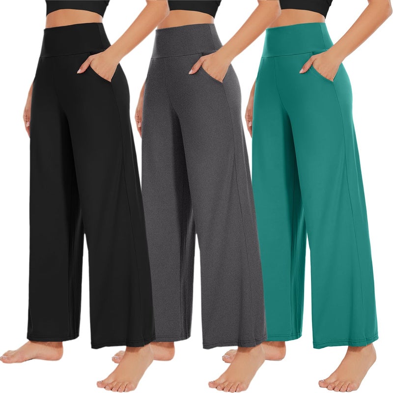 NEW YOUNG 3 Pack Women's Wide Leg Pants with Pockets High Waist Loose Sweatpants Casual Lounge Yoga Workout Palazzo - Image 1
