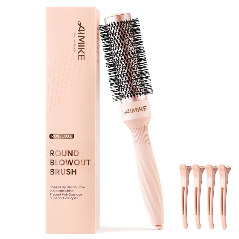 AIMIKE Round Brush for Blow Out, Rose Luxe Round Hair Brush w/Nano Thermal Ceramic Tech, Small Round Brush for Blow Drying, Curling, Styling and Shine, 32 mm/ 1.3 Inch Barrel Brush with 4 Clips