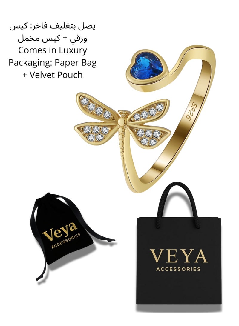 veya "A Ring From Veya, Crafted From Genuine 925 Sterling Silver And Plated With 14K Gold, Featuring A Unique Design That Combines A Dragonfly Motif And A Blue Heart-Shaped Gemstone, Representing Femininity And Grace. ✨ Comes In A Luxury Package That Reflects The Beauty Of The Piece And The Quality Of The Brand" - Image 5
