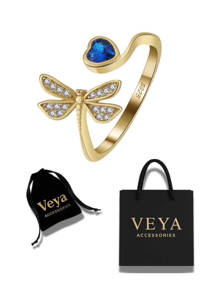 veya "A Ring From Veya, Crafted From Genuine 925 Sterling Silver And Plated With 14K Gold, Featuring A Unique Design That Combines A Dragonfly Motif And A Blue Heart-Shaped Gemstone, Representing Femininity And Grace. ✨ Comes In A Luxury Package That Reflects The Beauty Of The Piece And The Quality Of The Brand" - Image 1