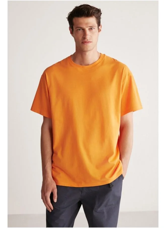GRIMELANGE Jett Men's Oversize Fit 100% Cotton Heavy Texture Orange T-Shirt