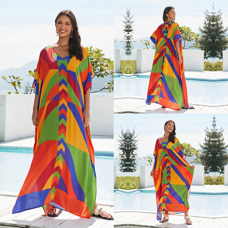 Generic Cross-border European and American rayon tie-dyed beach jumpsuit long dress loose robe bikini swimsuit outer blouse sun protection shirt ZS2277-8 orange Green