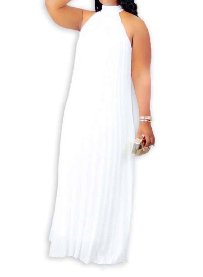 Aro Lora Womens Casual Sleeveless Plus Size Chiffon Halter Neck Pleated Loose Long Maxi Dress, White, 4XL - Image 2