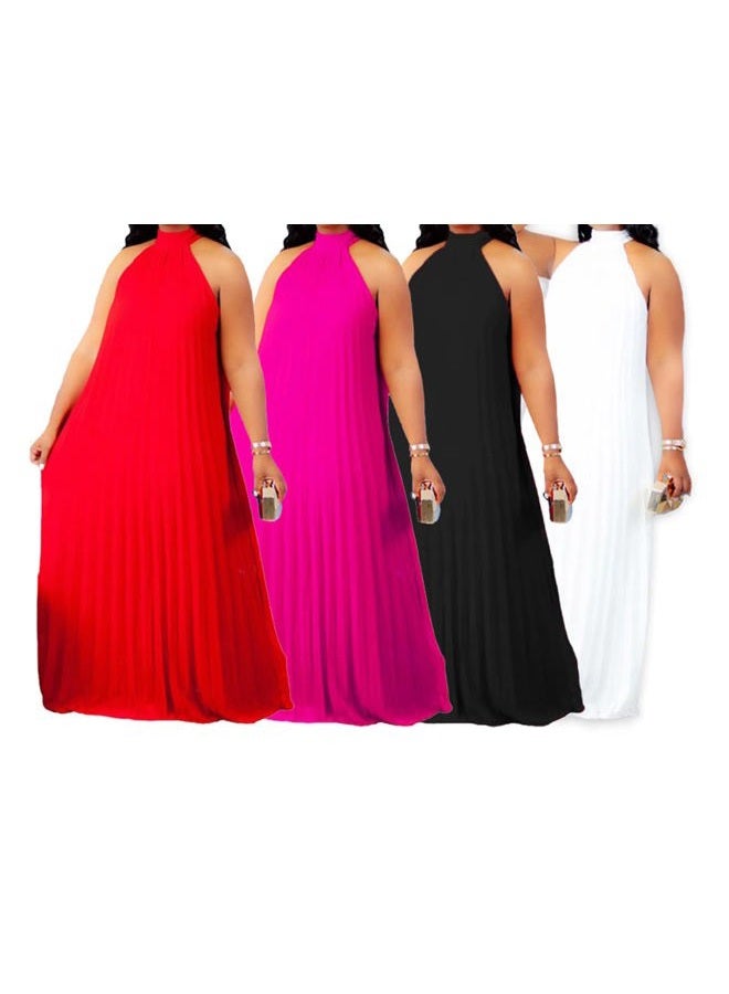 Aro Lora Womens Casual Sleeveless Plus Size Chiffon Halter Neck Pleated Loose Long Maxi Dress, White, 4XL - Image 3